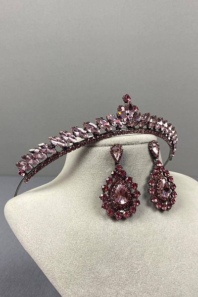 Hobigram Pink Thin Ilayda Model Bridal Crown and Drop Stone Earring Set – Crown, Crystal Stone, Stylish Model – Crown