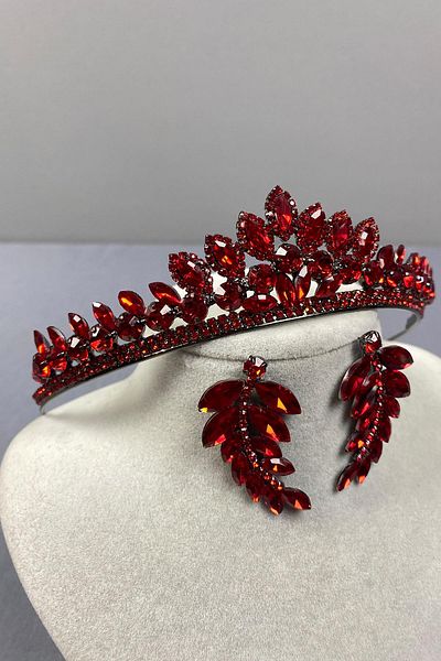 Hobigram Red Leyla Model Henna Bridal Crown and Leaf Stone Earring Set – Crown, Crystal Stone, Stylish Model – t