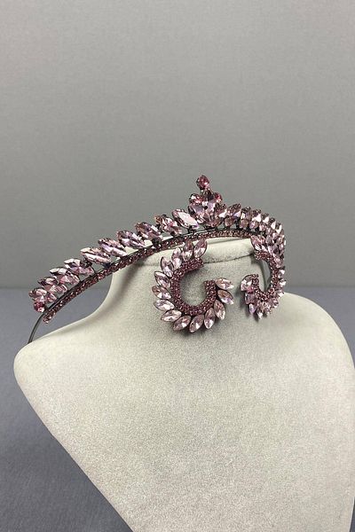 Hobigram Pink Thin Ilayda Model Bridal Tiara and Round Stone Earring Set – Crown, Crystal Stone, Stylish Model –