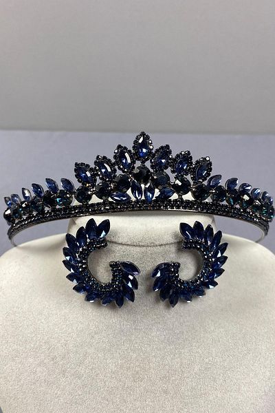 Hobigram Navy Blue Leyla Model Henna Bridal Crown and Round Stone Earrings Set – Crown, Crystal Stone, Stylish Model
