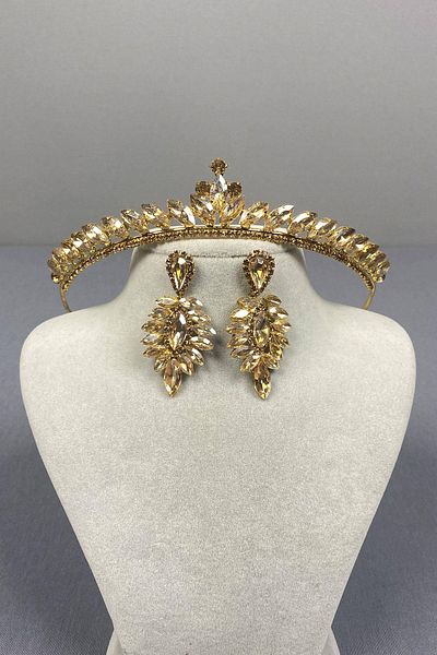 Hobigram Set de coroană de mireasă și cercei cu piatră de picătură, model Ilayda, culoare miere – coroană, piatră de cristal, model elegant –