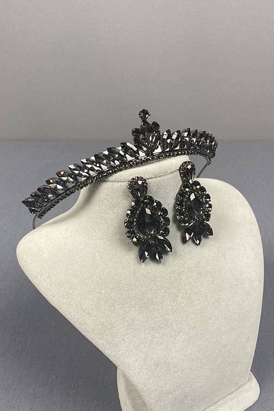 Hobigram Set de cercei și coroană de mireasă model Ilayda subțire gri antracit – coroană, piatră de cristal, model elegant