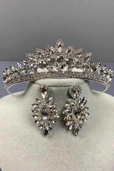 Hobigram Set de coroană de mireasă Leyla Model Henna și cercei subțiri – Coroană, piatră de cristal, model elegant –