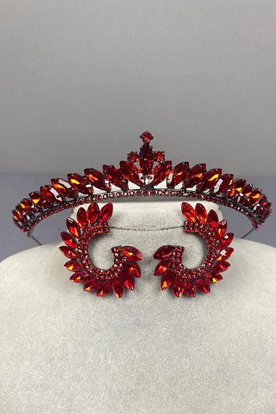 Hobigram Red Thin Ilayda Model Bridal Crown and Leaf Stone Earring Set – Crown, Crystal Stone, Stylish Model –