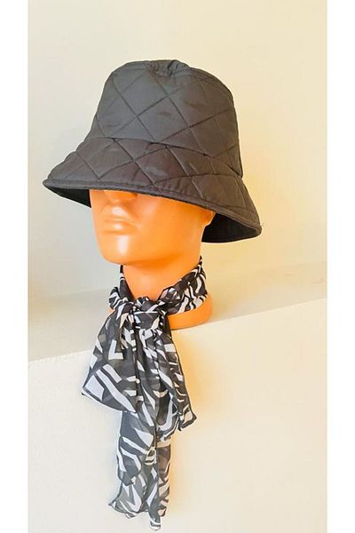 BERG -Black Quilted Bucket Diamond Patterned Hat and Scarf Set