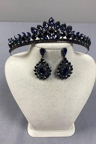 Hobigram Navy Blue Leyla Model Henna Bridal Crown and Drop Stone Earring Set – Crown, Crystal Stone, Stylish Model – t