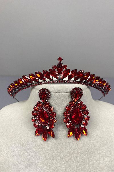 Hobigram Red Thin Ilayda Model Bridal Crown and Drop Stone Earring Set – Crown, Crystal Stone, Stylish Model – t