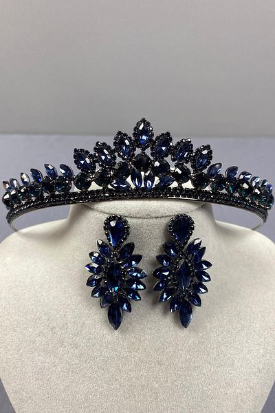 Hobigram Navy Blue Leyla Model Henna Bridal Crown and Thin Shuttle Earring Set – Crown, Crystal Stone, Stylish Model – Ta
