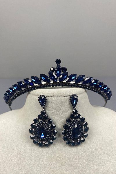 Hobigram Navy Blue Thin Ilayda Model Bridal Crown and Drop Shuttle Earring Set – Crown, Crystal Stone, Stylish Model