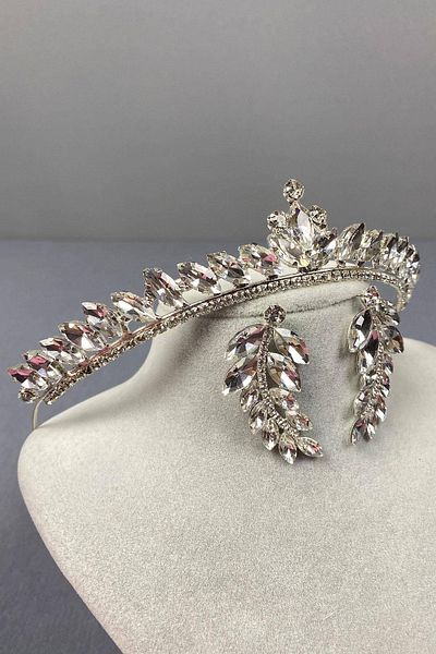 Hobigram Set de coroană de mireasă și cercei cu pietre prețioase model Ilayda fin argintiu – Coroană, piatră de cristal, model elegant – Coroană
