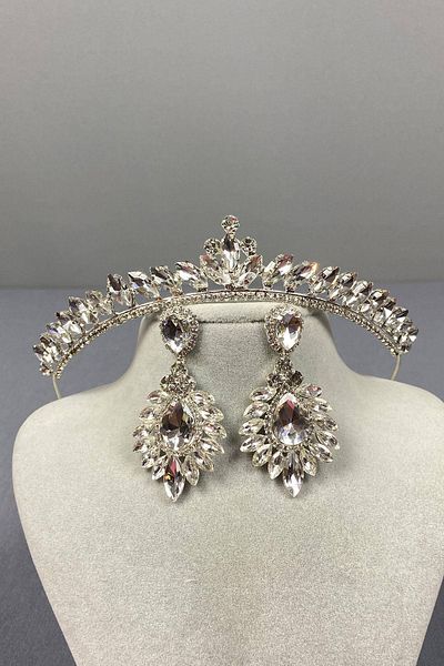 Hobigram Set de coroană de mireasă și cercei cu piatră prețioasă model Ilayda fin argintiu – Coroană, piatră de cristal, model elegant – Ta
