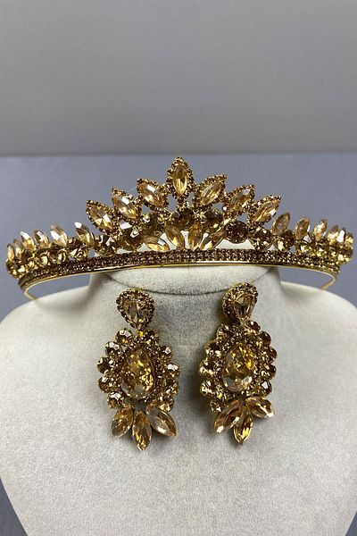 Hobigram Honey Color Leyla Model Henna Bridal Crown and Three Shuttle Earring Set – Crown, Crystal Stone, Stylish Model – Crown