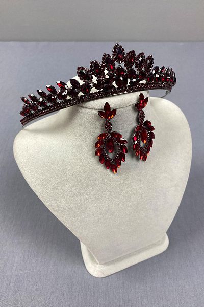 Hobigram Set de coroană de mireasă și cercei cu pietre de model Leyla Burgundy Leyla – Coroană, piatră de cristal, model elegant – Coroană