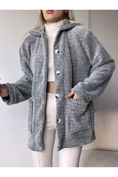 ÇEÇİM DOUBLE POCKET BUTTONED FRONT OVERSIZED PLUSH JACKET