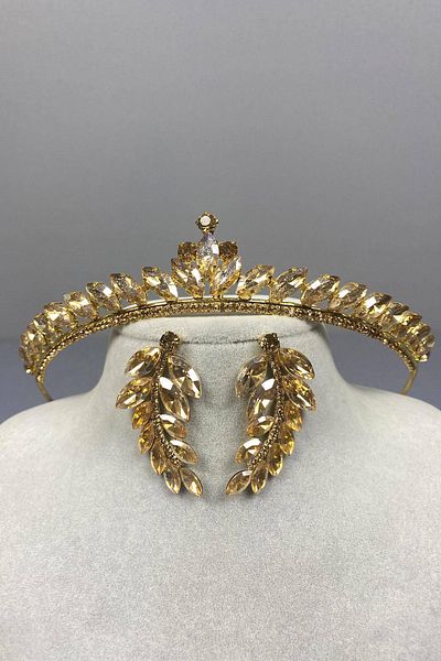 Hobigram Red Thin Ilayda Model Bridal Crown and Three Shuttle Earrings Set – Crown, Crystal Stone, Stylish Model – Crown
