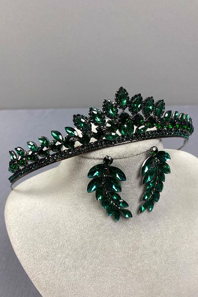 Hobigram Green Leyla Model Henna Bridal Crown and Leaf Stone Earring Set – Crown, Crystal Stone, Stylish Model – Crown