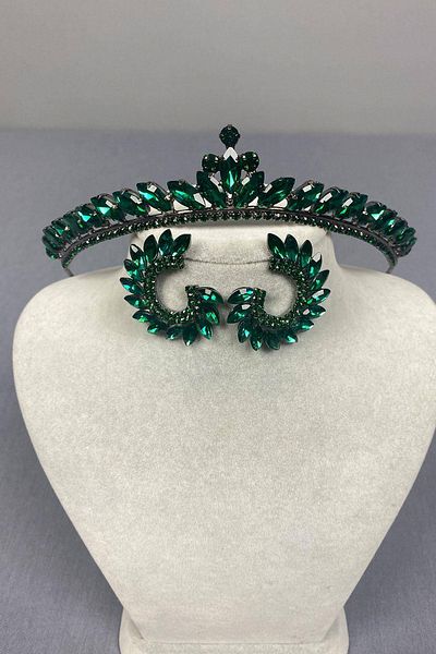 Hobigram Green Thin Ilayda Model Bridal Crown and Shuttle Stone Earring Set – Crown, Crystal Stone, Stylish Model – Crown