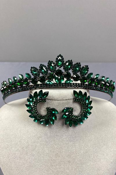 Hobigram Green Leyla Model Henna Bridal Crown and Round Stone Earring Set – Crown, Crystal Stone, Stylish Model – t