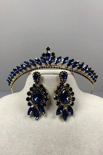 Hobigram Navy Blue Gold Thin Ilayda Model Bridal Crown and Three Shuttle Earring Set – Crown