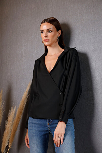 aylin yılmaz Sara Black Shirt Kruvaze Zamansız Casual Gömlek