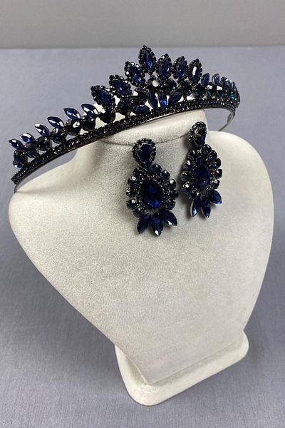 Hobigram Navy Blue Leyla Model Henna Bridal Crown and Three Shuttle Earrings Set – Crown, Crystal Stone, Stylish Model – Crown
