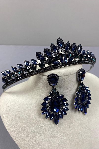 Hobigram Navy Blue Leyla Model Henna Bridal Crown and Drop Shuttle Stone Earring Set – Crown, Crystal Stone – Crown –