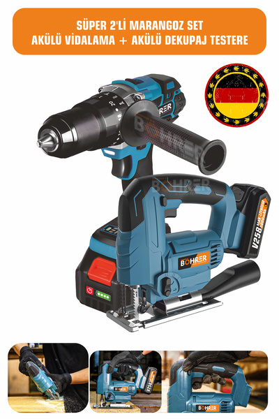 BÖHRER 2'Lİ AKÜLÜ VİDALAMA VE DEKUPAJ MARANGOZ AHŞAP SÜPER SET MAKİNELERİ
