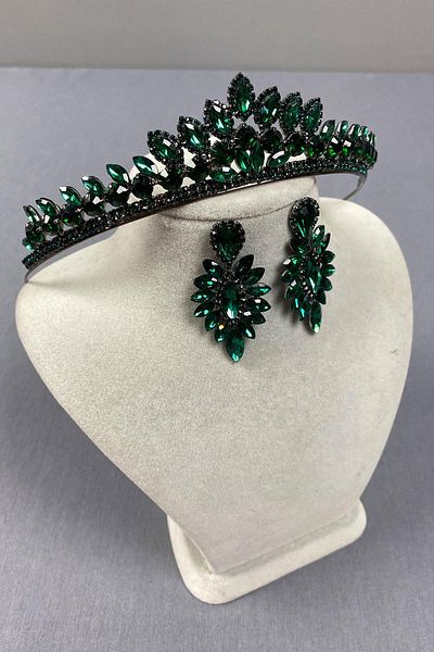 Hobigram Green Leyla Model Henna Bridal Crown and Thin Shuttle Earring Set – Crown, Crystal Stone, Stylish Model – Crown –