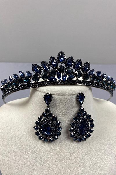 Hobigram Navy Blue Leyla Model Henna Bridal Crown and Drop Stone Earring Set – Crown, Crystal Stone, Stylish Model – t