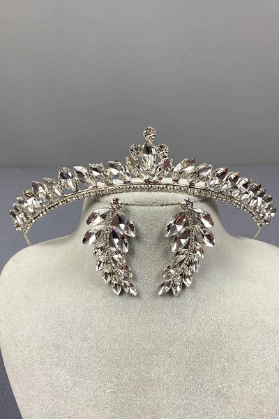 Hobigram Set de coroană de mireasă și cercei cu pietre prețioase model Ilayda fin argintiu – Coroană, piatră de cristal, model elegant – Coroană