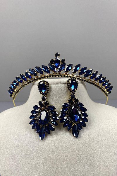 Hobigram Navy Blue Gold Thin Ilayda Model Bridal Crown and Drop Shuttle Earring Set – Crown