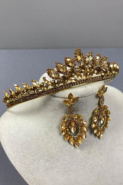 Hobigram Honey Color Leyla Model Henna Bridal Crown and Shuttle Stone Earring Set – Crown, Crystal Stone, Stylish Model –