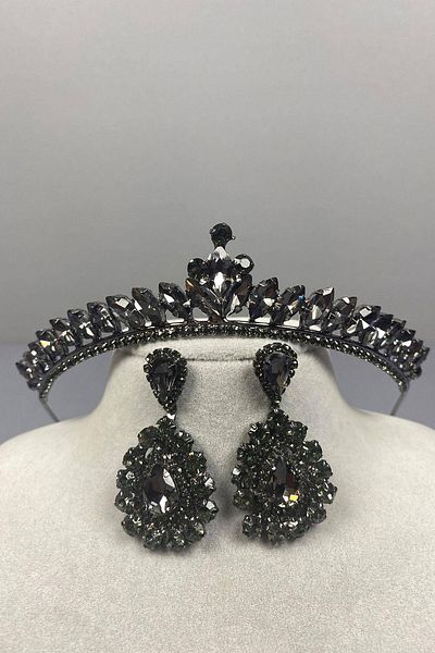 Hobigram Set de coroană de mireasă și cercei cu navetă subțire gri antracit model Ilayda – coroană, piatră de cristal, modă elegantă