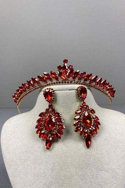 Hobigram Red Gold Thin İlayda Model Bridal Crown and Drop Shuttle Earring Set