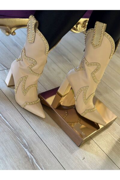 Purple Kadın Bej Tasarım İşlemeli Sivri Burun Kovboy Çizme