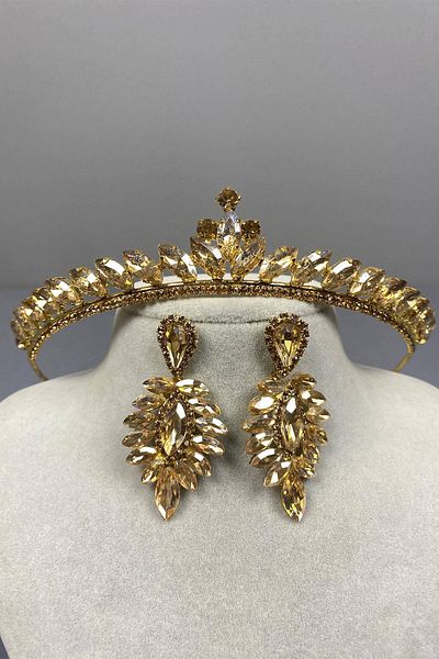 Hobigram Set de coroană de mireasă și cercei cu piatră de picătură, model Ilayda, culoare miere – coroană, piatră de cristal, model elegant –