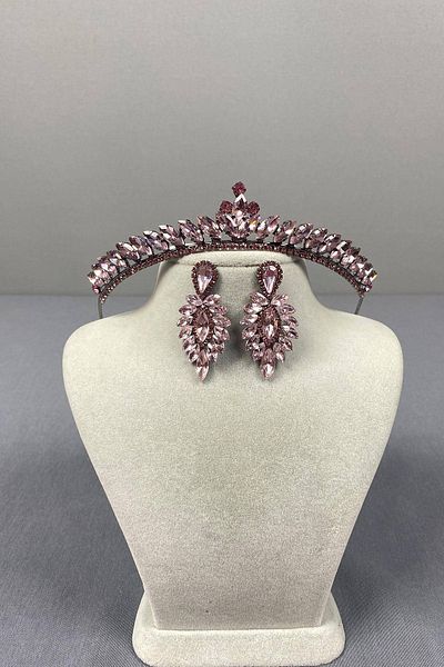 Hobigram Pink Thin Ilayda Model Bridal Crown and Thin Shuttle Stone Earring Set – Crown, Crystal Stone, Stylish Model