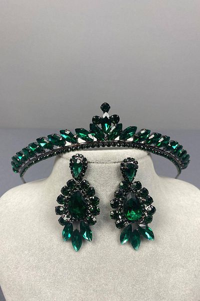Hobigram Green Thin Ilayda Model Bridal Crown and Drop Stone Earring Set – Crown, Crystal Stone, Stylish Model – Crown