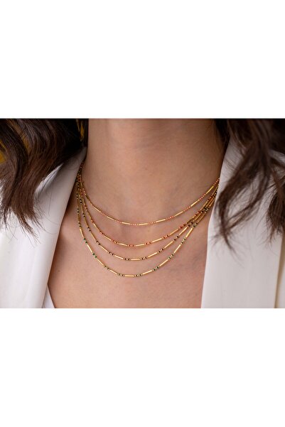 Onseva Kuyumculuk Renkli Mineli Noktalı Çubuklu Zincir Kolye 14 Ayar Altın