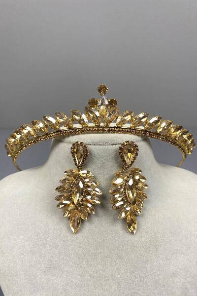 GELD Hair Accessory Honey Color Thin Ilayda Model Bridal Tiara and Drop Stone Earring Set – Other Hair Accessories