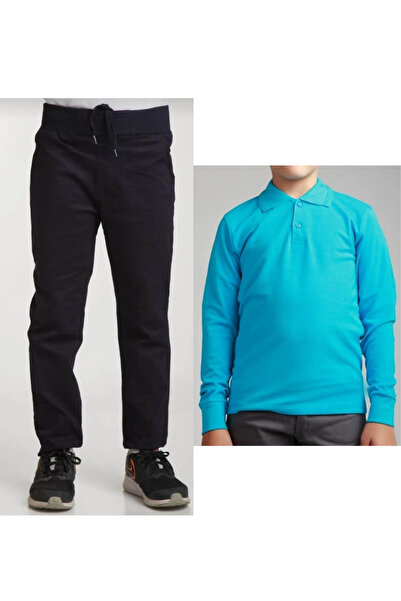 Nacar Unisex Çocuk Ribana Bel Keten Siyah Okul Pantolonu + Polo Yaka Uzun Kol T-shirt