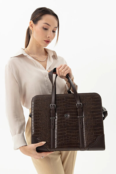 deridense Women's Briefcase Laptop Bag Brown Crocodile
