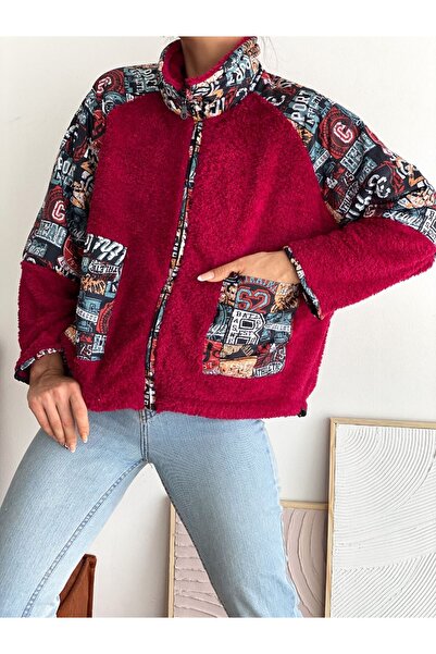 MET AND MARCH Printed Pocket Detailed Zippered Red Plush Jacket