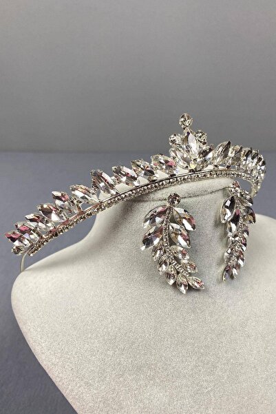 FdayAksesuar Ασημένιο λεπτό μοντέλο Ilayda νυφικό στέμμα και σκουλαρίκια με π...