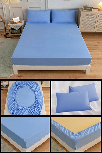 NUTEX 100% Cotton Elastic Single / Double Eco-Friendly Sheet & Pillowcase Set (BLUE)