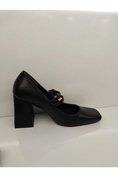 Purple Kadın Siyah Çift Bantlı Küt Burunlu Klasik Topuklu Ayakkabı