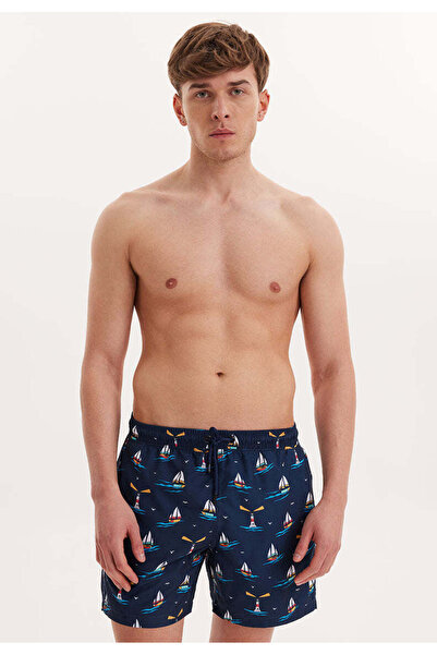 WESTMARK LONDON Navy Blue Sailboat Patterned Regular Fit Men's Sea Shorts Wmıcon