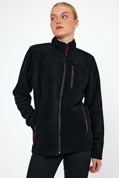 MAXIMILLIAN Women's Fleece Black Color 3 Pocket Zippered Bato Collar Outdoor Fleece