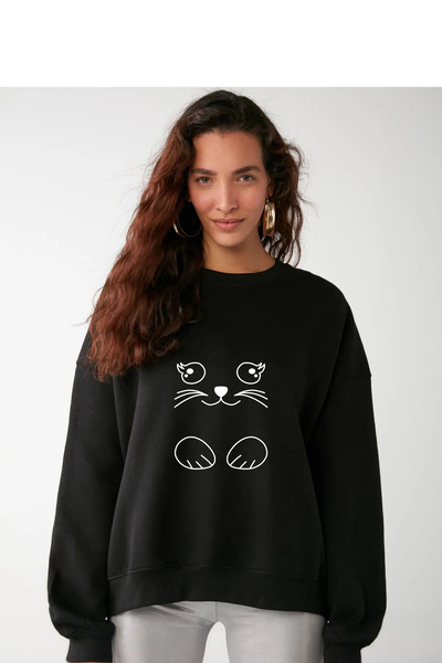 ZEMLİYA Hanorac supradimensionat unisex Vonix cu imprimeu pisică neagră