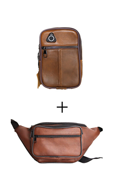 Jack Tonio Kahverengi Deri Omuz Göğüs Çapraz Çanta Ve Siyah Siyah Bel Çantası...